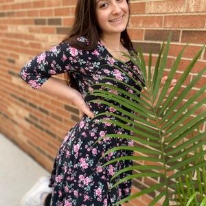 Floral black, long sleeve casual dress